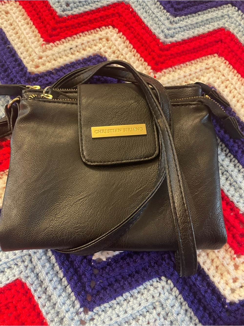 Christian Siriano Black Leather-Look Crossbody with Gold Logo Plaque